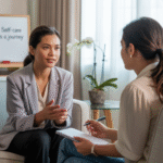 Portrait of Dra. Fina Rachmawati, psychologist, in a therapy room