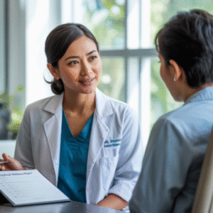 Portrait of Dra. Linda Sari, medical doctor, in a clinical consultation