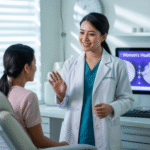 Portrait of Dr. Maria Kusuma, gynecologist, consulting a female patient