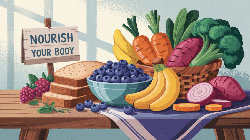 Ilustrasi berbagai sumber karbohidrat sehat seperti buah, sayur, dan biji-bijian