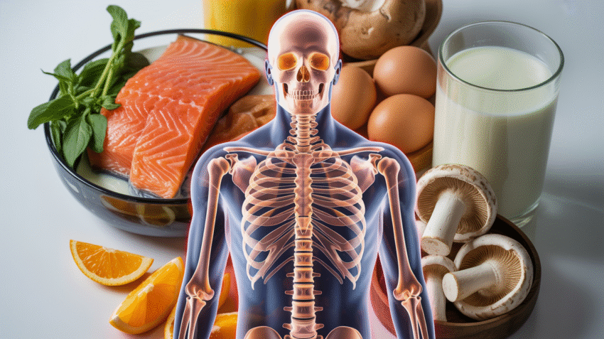 Ilustrasi manfaat vitamin D untuk tubuh, dengan gambar tulang kuat dan sistem imun yang sehat.