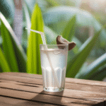 Air kelapa segar dalam gelas dengan latar belakang tropis