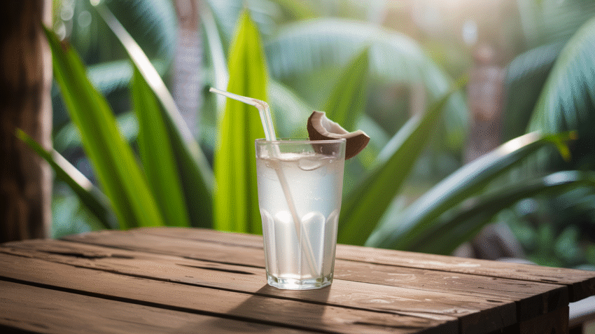 Air kelapa segar dalam gelas dengan latar belakang tropis